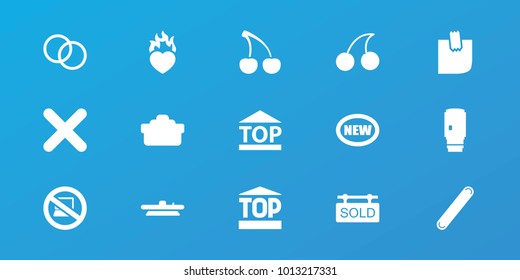 Editable 15 sticker icons: cherry, new, top of cargo box, heart in fire, bandage, glued note, cross, camera lense, sold tag