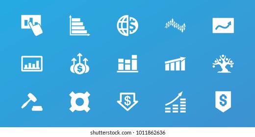 Editable 15 stock icons: dollar down, money growth, illustrgeneric currencyation, graph, chart, hand on graph, auction, money up, money tree