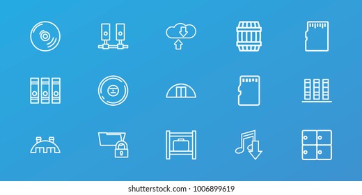 Editable 15 storage icons: barrel, luggage storage, binder, eating mouth, cargo barn, cd, server, download cloud, folder protection, memory card