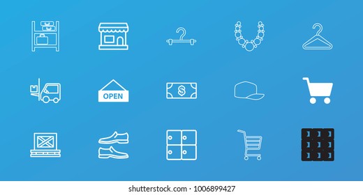 Editable 15 store icons: shopping cart, open plate, luggage storage, money, man shoe, cargo on palette, forklift, store, necklace, hanger