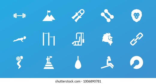Editable 15 strength icons: lion, dumbbell, sport expander, man doing exercises, gym equipment, boxing bag, man at the top of the mountain with flag, flag on mountain, chain