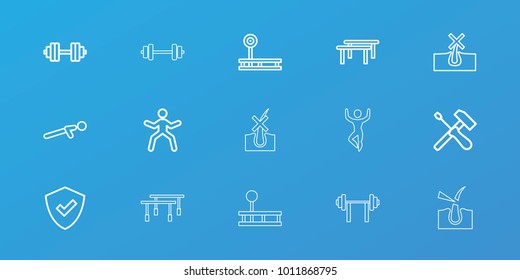 Editable 15 strong icons: no hair in skin, shield, fintess equipment, horizontal bar, man doing exercises, push up, screwdriver, barbell   isolated, shave hair in skin