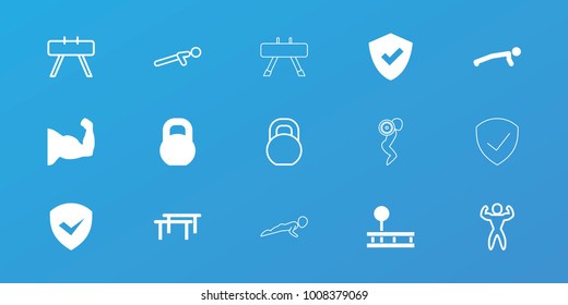Editable 15 strong icons: shield, muscle arm, horizontal bar, man doing exercises, barbell, fintess equipment, push up