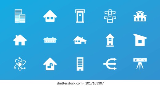 Editable 15 structure icons: door with heart, building, structure, home, house building, home lock, barn, business center, level ruler, pylon