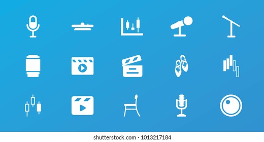 Editable 15 studio icons: microphone, panel control, control panel, movie clapper, camera lense, chair