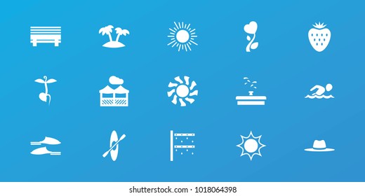 Editable 15 summer icons: slippers, sun, hat, sprout, heart flower, bench, palm, pergola, rowing, strawberry, swimming man, irrigation system