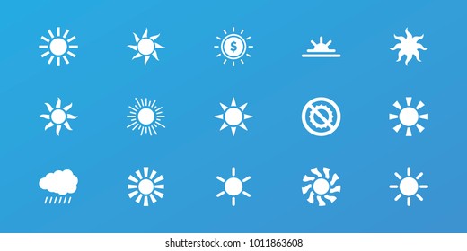 Editable 15 sunshine icons: sun, sun rise, no brightness
