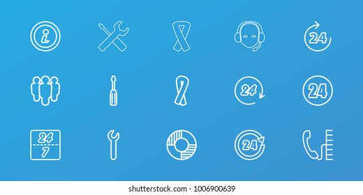 Editable 15 support icons: 24 hours, ribbon, screwdriver, group, info, lifebuoy, phone, wrench, 24 7 hour, wrench and screwdriver