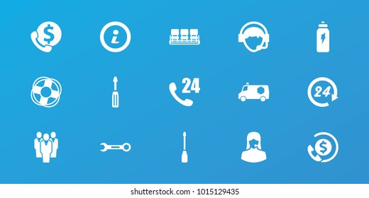 Editable 15 support icons: chair, screwdriver, 24 hours support, operator, info, energetic drink, lifebuoy, 24 hours, wrench, group