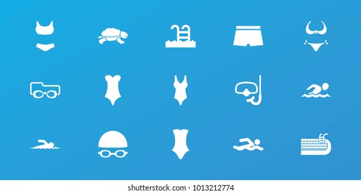 Editable 15 swim icons: bikini, swimsuit, swim suit, swimming man, swimming pool, snorkel, swimmer, man swim wear, turtle