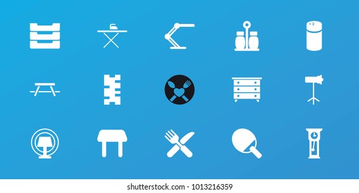 Editable 15 table icons: pepper, table, nightstand, fork and knife, ping pong racket, studio lapm, pendulum, domino