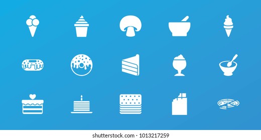 Editable 15 tasty icons: chocolate, ice cream, ice cream in can, donut, bowl, mushroom, porridge, cake with one candle, piece of cake, cake, pizza, milkshake