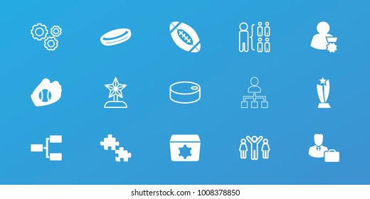 Editable 15 team icons: puzzle, hockey puck, structure, male consultant   with case, baseball glove, american football, trophy, man with medal, gear, star trophy