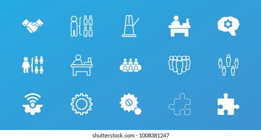 Editable 15 teamwork icons: table, structure, gear, gear connection, handshake, group, pendulum