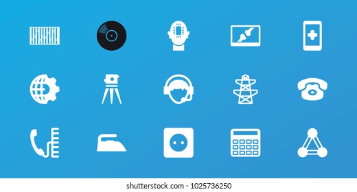 Editable 15 technology icons: connection, iron, calculator, theodolite, pylon, hand on smartphone, desk phone, clobe gear, operator, phone, plug socket, cpu in head