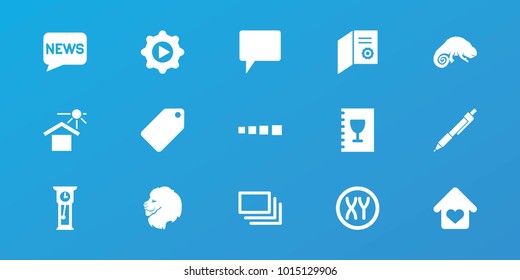 Editable 15 template icons: lion, chameleon, tag, diploma, house under sun, chat, play in gear, loading, burst, love home, menu, pendulum, pen