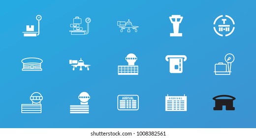 Editable 15 terminal icons: airport tower, arrival table, cargo terminal, lugagge weight, airport, jetway