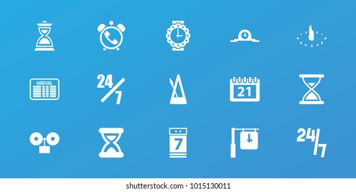 Editable 15 time icons: 24 hours support, hourglass, metronome, calendar, calendar 7 date, wrist watch for woman, sundial, clock, alarm