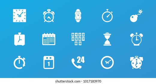 Editable 15 time icons: alarm, calendar, 24 hours support, bomb, wall clock, wrist watch, 1st day calendar, clock, stopwatch