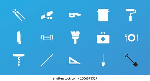 Editable 15 tool icons: pliers, shovel, glue pen, paint roller, plate fork and spoon, pan, spear, concrete mixer, paint brush, ruler, measuring tape, expander sport