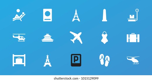 Editable 15 tourism icons: passport, luggage storage, monument, eiffel tower, plane, helicopter, man laying in the sun, flip flops, swimsuit, suitcase, parking, temple