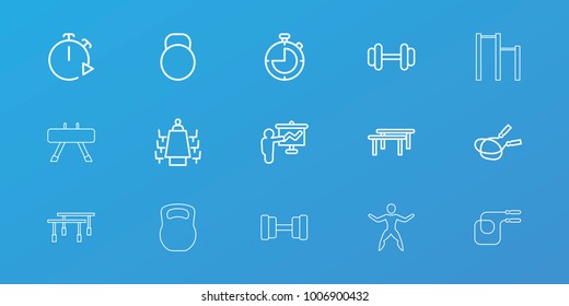 Editable 15 training icons: jump rope, teacher, horizontal bar, barbell, meeting, kettle, stopwatch, kettle bell, fintess equipment