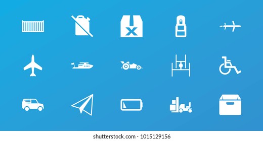 Editable 15 transportation icons: plane, paper airplane, boat, no oil, question box, wheel chair, office supply, low battery, car, forklift, box, cargo box