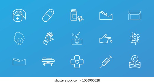 Editable 15 treatment icons: spa stone, syringe, medicine, injured finger, pill, bandage, hospital stretch, virus and pills, medical reflector, arm rash, cream box