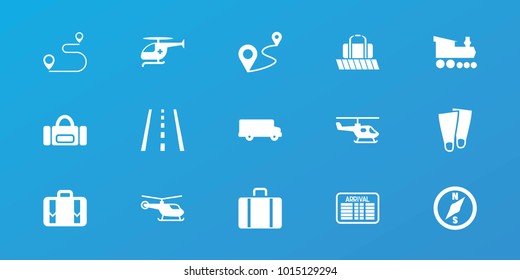 Editable 15 trip icons: helicopter, bus, sport bag, distance, luggage, medical helicopter, runway, luggage belt, arrival table, flippers, compass