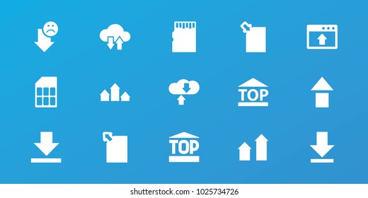 Editable 15 upload icons: arrow up, top of cargo box, download, download cloud, window browser upload, memory card