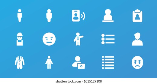 Editable 15 user icons: man, businessman, man with laptop, worker, angry emot, clipboard, user, jacket, call