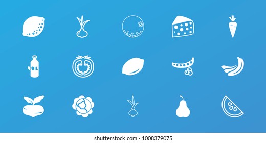 Editable 15 vegetarian icons: beet, banana, peas, cabbage, oil, lemon, onion, tomato, watermelon, carrot, pear, cheese