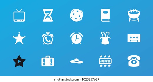 Editable 15 vintage icons: alarm, book, magic hat, barbecue, tv, luggage, desk phone, sheriff, hourglass, extinct sea creature, jackpot, woman hat, cassette