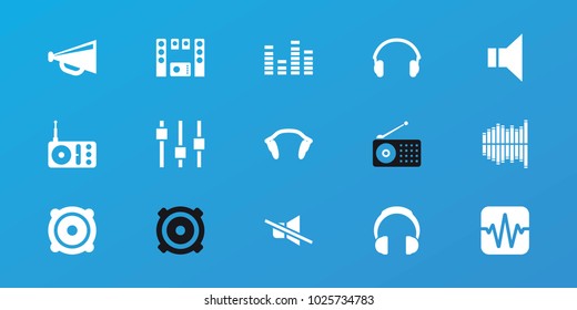 Editable 15 volume icons: megaphone, radio, equalizer, speaker, earphones, adjust, headphones, no sound, loud speaker set