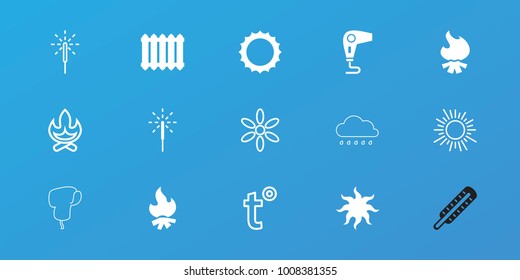 Editable 15 warm icons: sparkler, sun, radiator, bonfire, temperature, thermometer, hair dryer