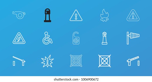 Editable 15 warning icons: barrier, disabled, wind cone, lighthouse, no dry cleaning, exclamation, road barrier, warning, voltage warning, do not disturb, bonfire
