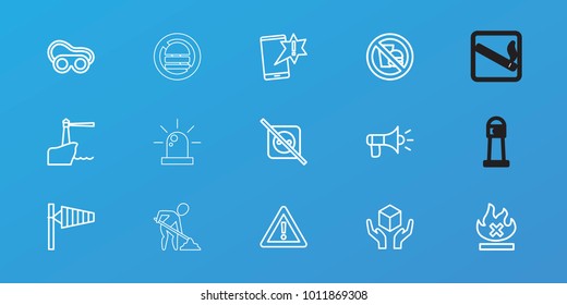Editable 15 warning icons: wind cone, welding glasses, important message, no plug, handle with care, warning, no fire, no fast food, megaphone, lighthouse, smoking area, siren