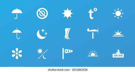 Editable 15 weather icons: sun, wind cone, sun rise, open air, moon and stars, temperature, sun and moon, woman boots, umbrella, weather vane
