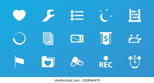 Editable 15 web icons: abacus, dollar sign, pill, heart, locations, rec, loading, wrench, moon and stars, flag, clock alarm, menu, electricity, folder with heart