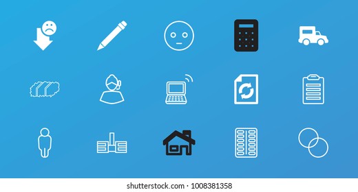 Editable 15 web icons: reload, truck, circle intersection, sad emot, check list, user, pill, support, laptop, builidng, pencil, garden bench, house building, calculator