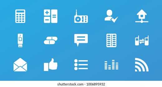 Editable 15 website icons: calculator, pill, thumb up, radio, wi-fi, equalizer, connected phone, envelope, usb drive, chat, home, add user