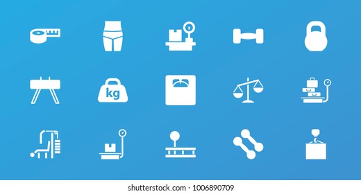 Editable 15 weight icons: hook with cargo, dumbbell, measuring tape, fintess equipment, floor scales, barbell, lugagge weight, weight, waist fitness, gym equipment