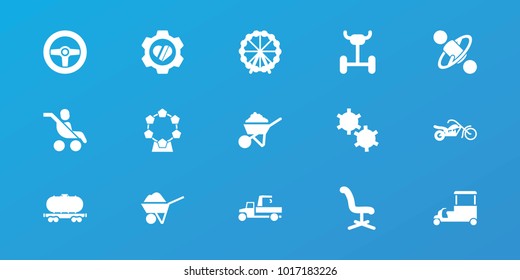 Editable 15 wheel icons: ferris wheel, office chair, construction, fast food cart, heart in gear, wheel, cargo wagon, motorcycle, concrete mixer, gear, carousel