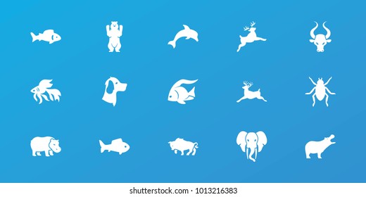 Editable 15 wildlife icons: fish, hippopotamus, beetle, bear, deer, dolphin, buffalo, bull, elephant