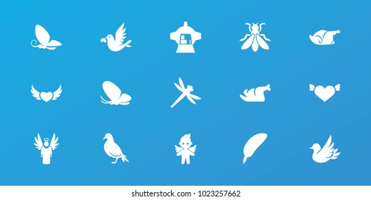 Editable 15 wing icons: dove, butterfly, feather, heart with wings, chicken, luggage compartment in airplane, love bird, angel, dragonfly, fly, heart angel wings