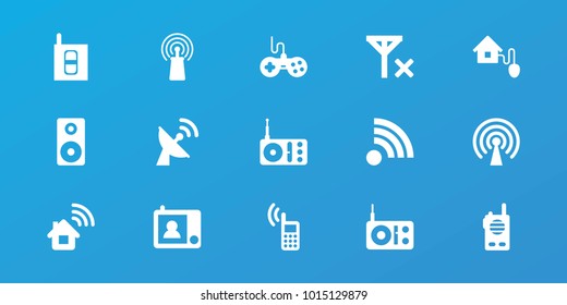 Editable 15 wireless icons: joystick, home connection, radio, signal, loudspeaker, smart home, intercom, phone, satellite, no signal, walkie talkie