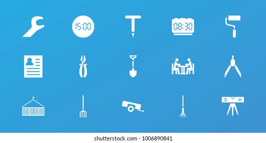 Editable 15 work icons: shovel, roller, pliers, resume, gardening tool, meeting, wrench, digital clock, barrow, level ruler, compass, pitchfork, rake