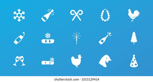 Editable 15 year icons: chicken, opened champagne, snowflake, clink glasses, candy cane, sparkler, firework, party hat, garland