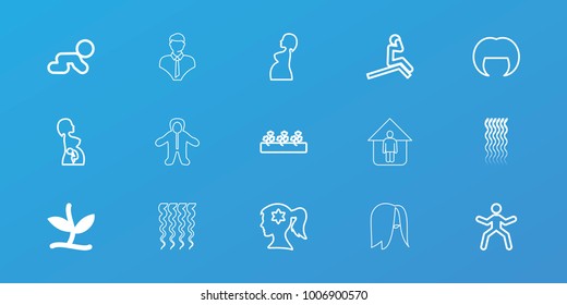 Editable 15 young icons: plant, curly hair, woman hairstyle, woman face with flower in hair, crawling baby, man doing exercises, sprout plants, pregnant woman, baby, hairstyle