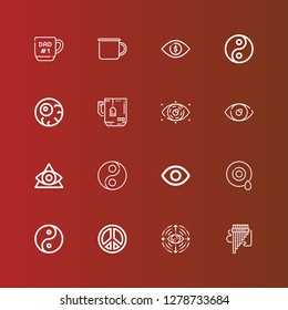 Editable 16 10 icons for web and mobile. Set of 10 included icons line Panpipe, Eye, Peace sign, Yin yang, Mug, Eyeball on red